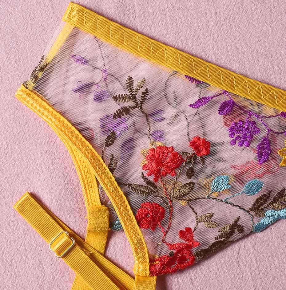 Embroidery Floral Lace Transparent Sexy Lingerie 3 Piece