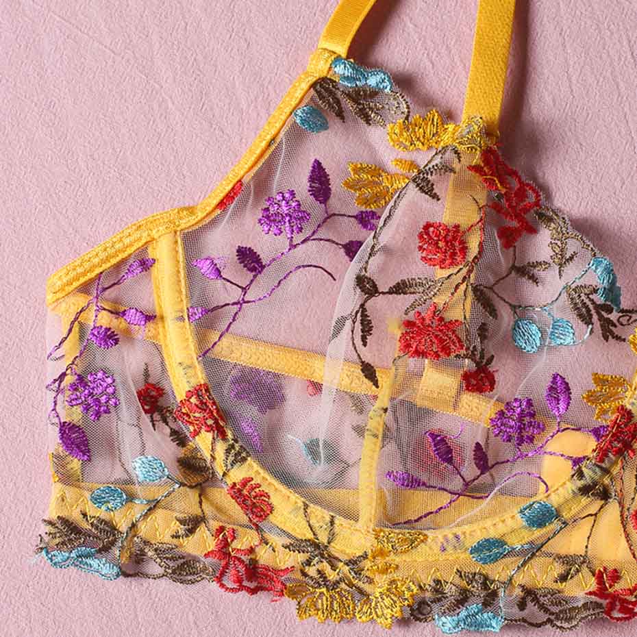 Embroidery Floral Lace Transparent Sexy Lingerie 3 Piece