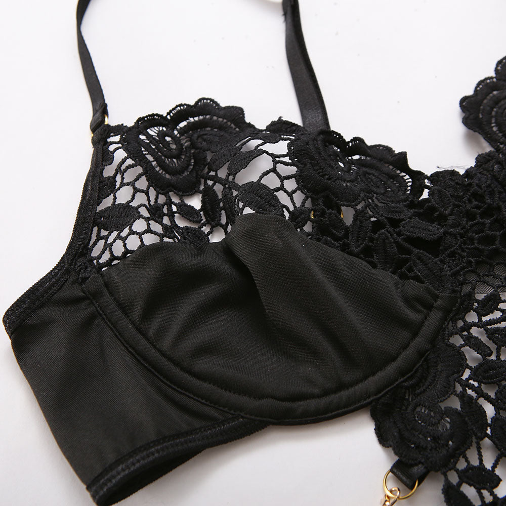 Sensual Black Floral lace Lingerie With Chain